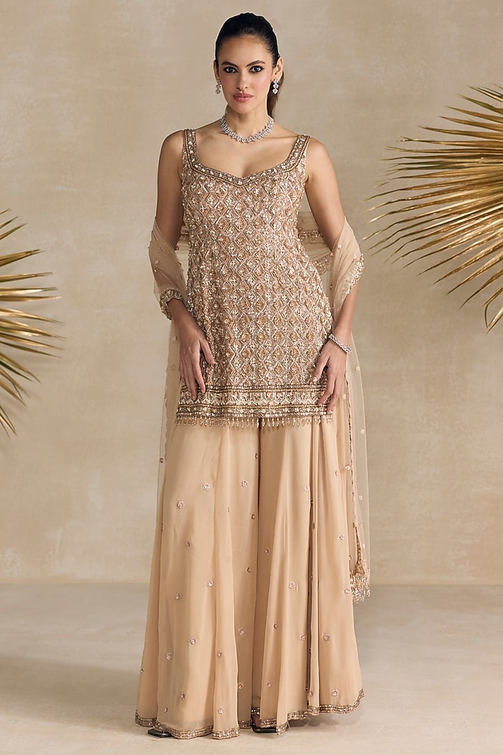 Rose Gold & Peach Georgette Sequins Embroidered Bridal Sharara Set by OPUS ATELIER at Pernia's Pop Up Shop