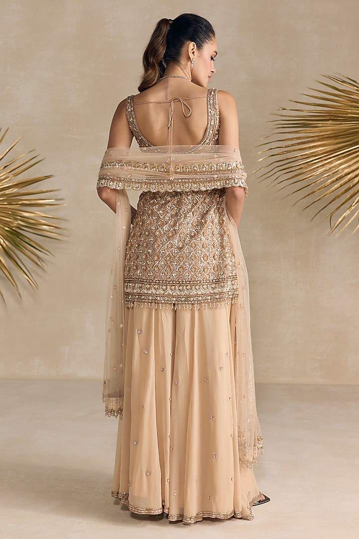 Rose Gold & Peach Georgette Sequins Embroidered Bridal Sharara Set by OPUS ATELIER at Pernia's Pop Up Shop