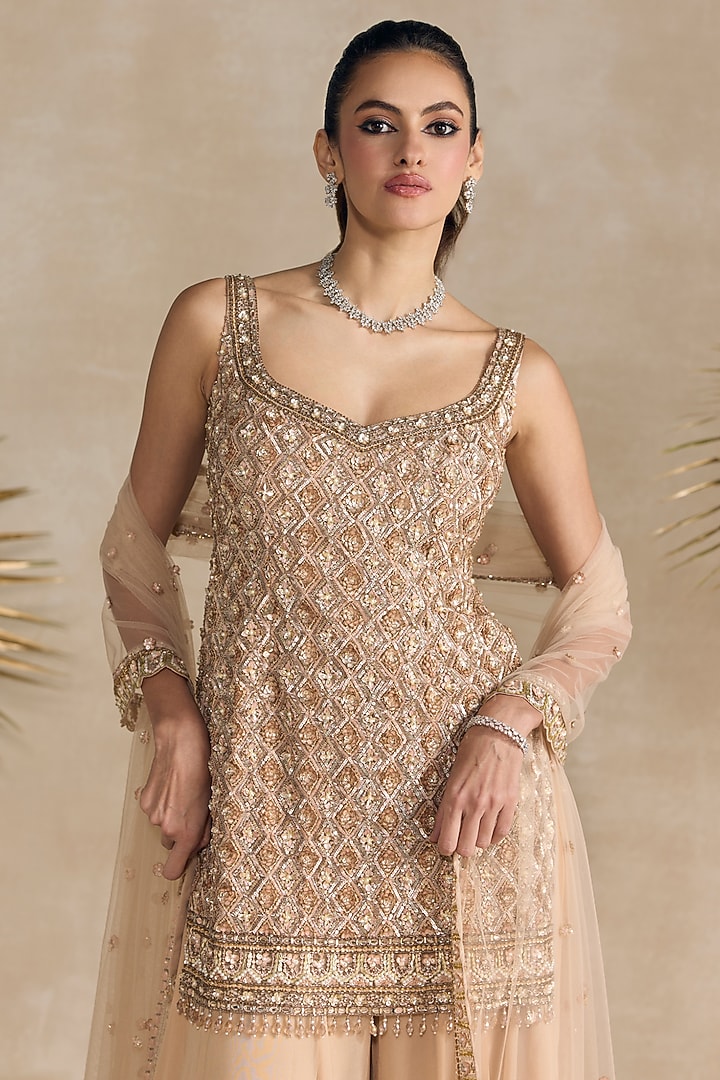 Rose Gold & Peach Georgette Sequins Embroidered Bridal Sharara Set by OPUS ATELIER at Pernia's Pop Up Shop