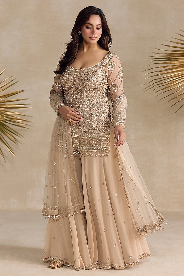 Rose Gold Georgette Sequins Embroidered Bridal Sharara Set by OPUS ATELIER at Pernia's Pop Up Shop