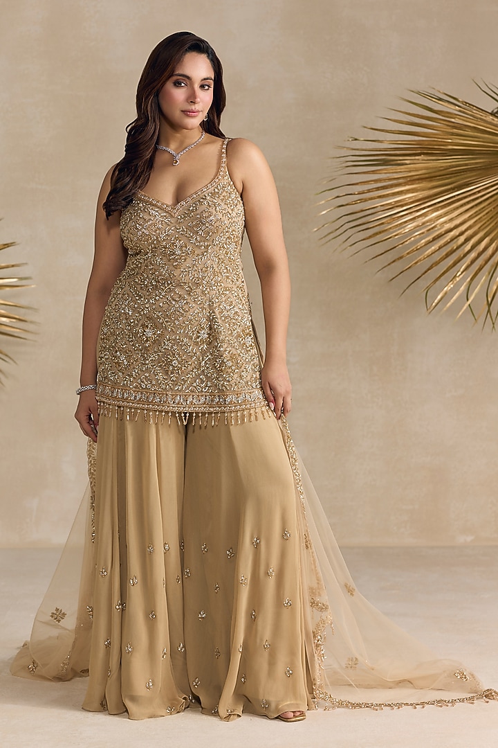 Golden Georgette Sequins Embroidered Bridal Sharara Set by OPUS ATELIER at Pernia's Pop Up Shop
