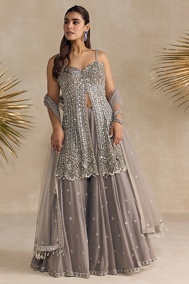 Grey Georgette Sequins Hand Embroidered Bridal Sharara Set by OPUS ATELIER at Pernia's Pop Up Shop