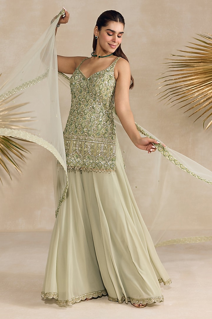 Green Georgette Bridal Sharara Set by OPUS ATELIER at Pernia's Pop Up Shop