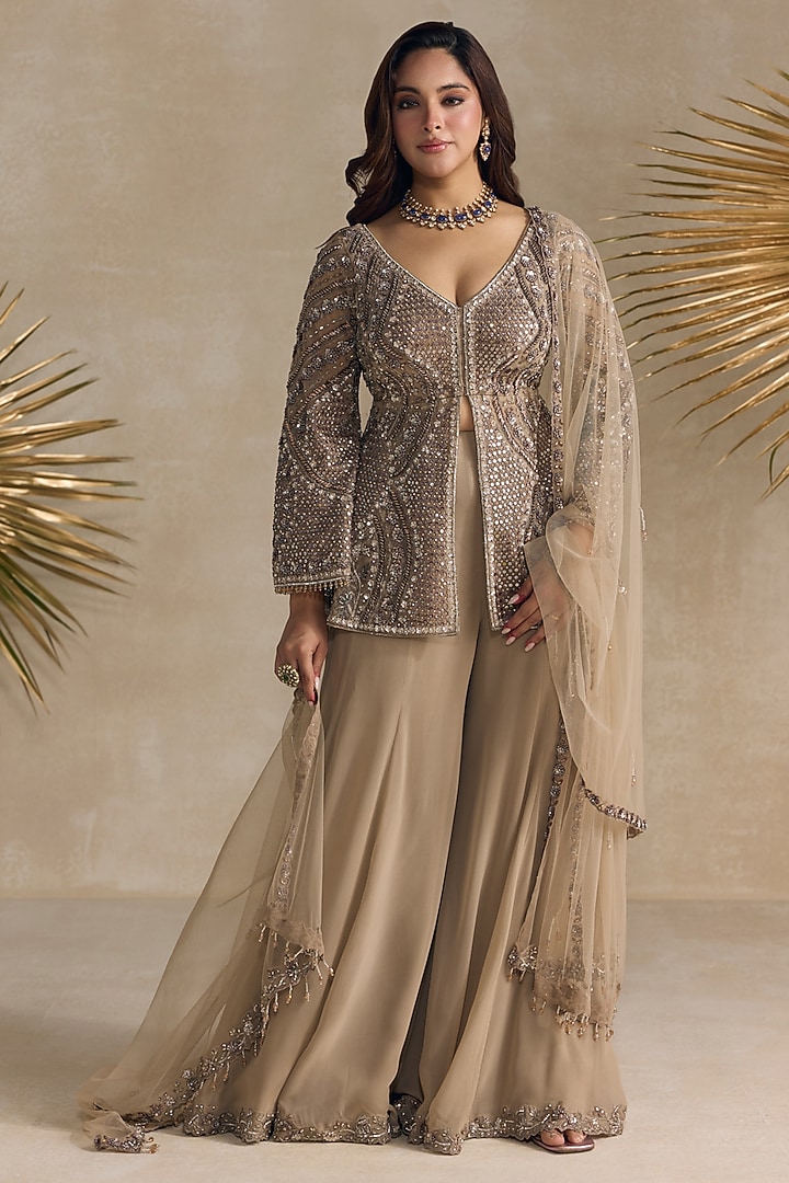 Dull Brown & Silver Georgette Bridal Sharara Set by OPUS ATELIER at Pernia's Pop Up Shop