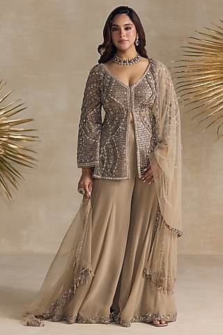 Dull Brown & Silver Georgette Sharara Set by OPUS ATELIER