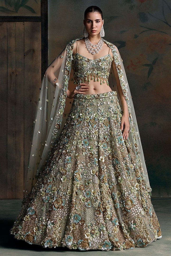 Light Green & Gold Net Sequin Hand Embroidered Bridal Bridal Lehenga Set by OPUS ATELIER at Pernia's Pop Up Shop