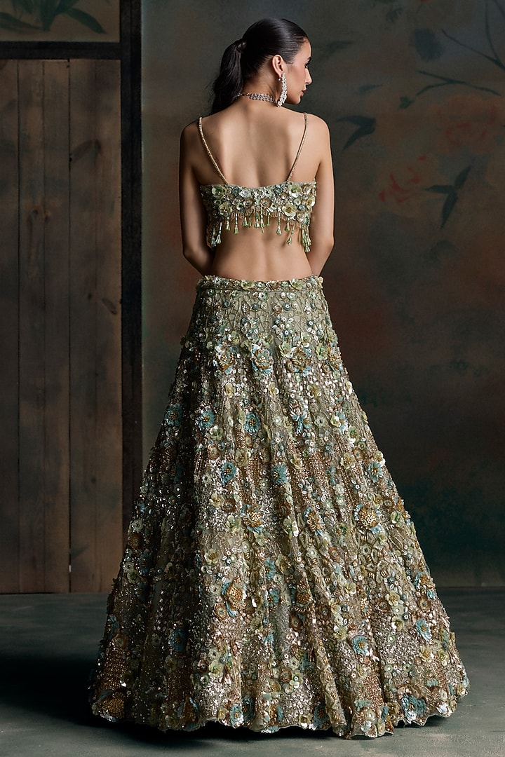 Light Green & Gold Net Sequin Hand Embroidered Bridal Bridal Lehenga Set by OPUS ATELIER at Pernia's Pop Up Shop