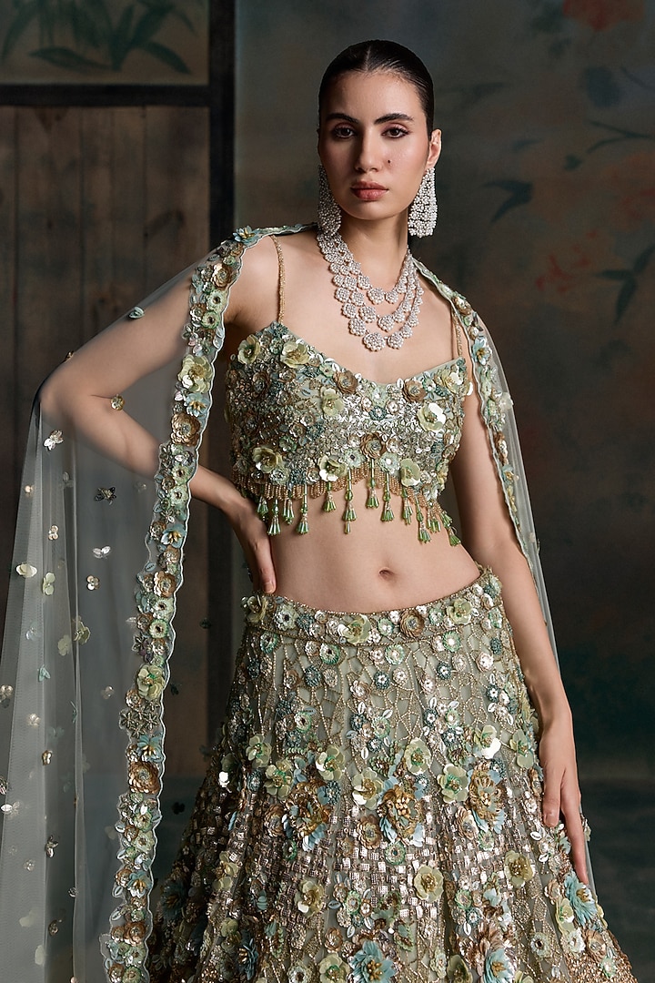 Light Green & Gold Net Sequin Hand Embroidered Bridal Bridal Lehenga Set by OPUS ATELIER at Pernia's Pop Up Shop