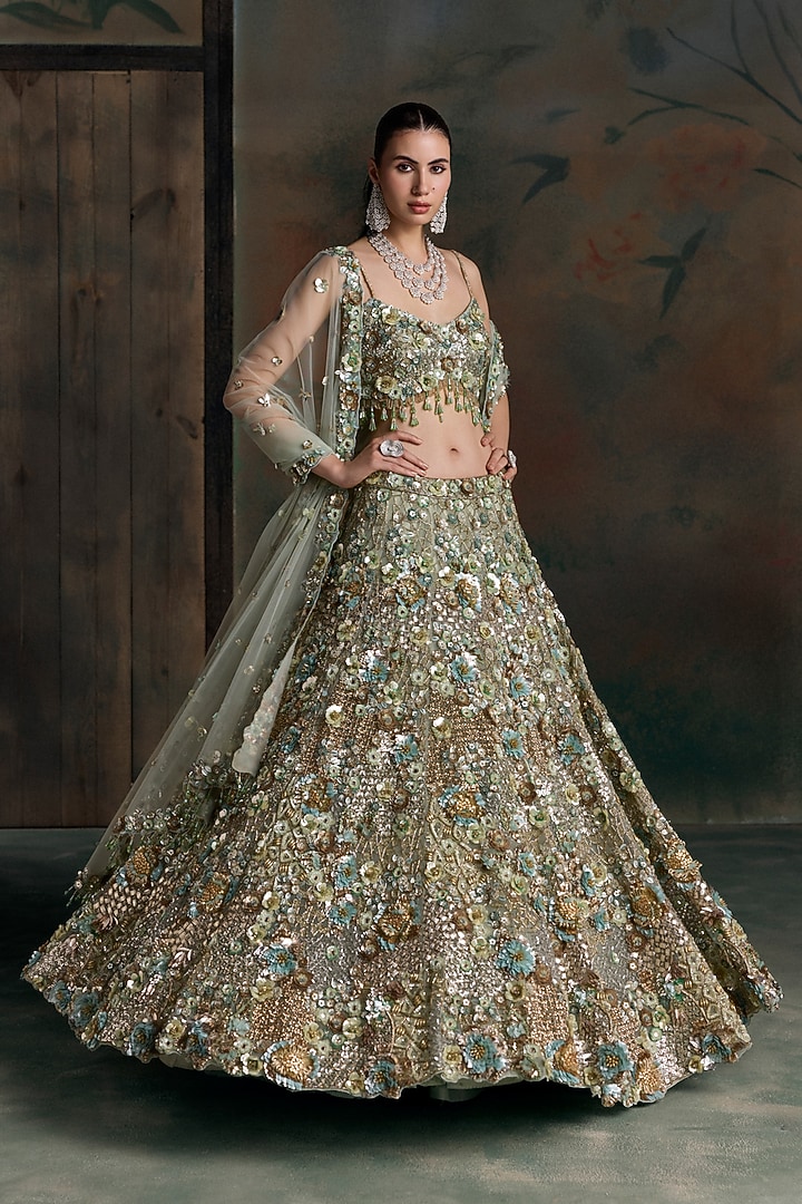 Light Green & Gold Net Sequin Hand Embroidered Bridal Bridal Lehenga Set by OPUS ATELIER at Pernia's Pop Up Shop
