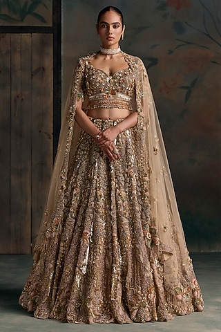 Gold Net 3D Floral Embroidered Bridal Lehenga Set by OPUS ATELIER
