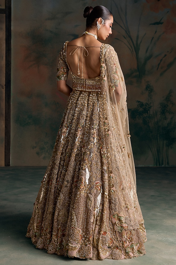 Gold Net 3D Floral Embroidered Bridal Bridal Lehenga Set by OPUS ATELIER at Pernia's Pop Up Shop
