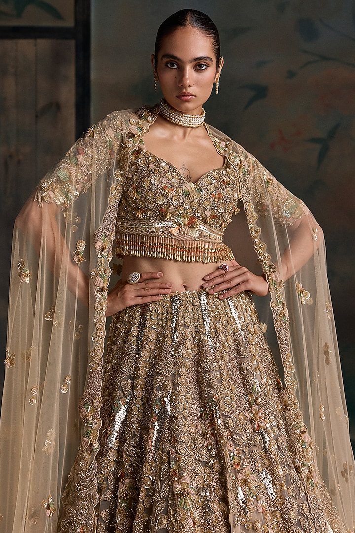 Gold Net 3D Floral Embroidered Bridal Bridal Lehenga Set by OPUS ATELIER at Pernia's Pop Up Shop