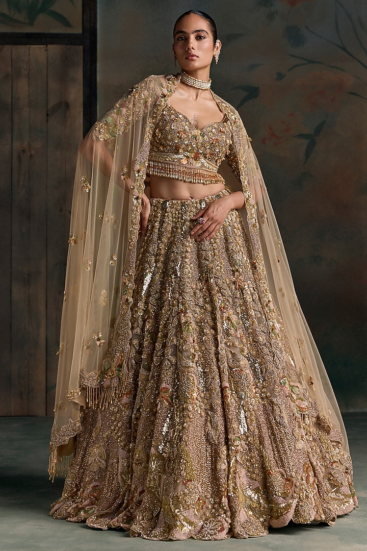 Gold Net 3D Floral Embroidered Bridal Bridal Lehenga Set by OPUS ATELIER at Pernia's Pop Up Shop