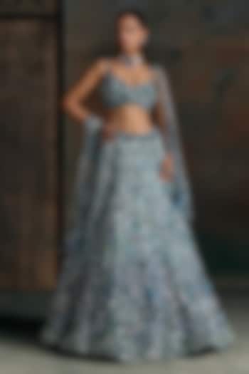 Peacock Blue Net Embellished Bridal Bridal Lehenga Set by OPUS ATELIER at Pernia's Pop Up Shop