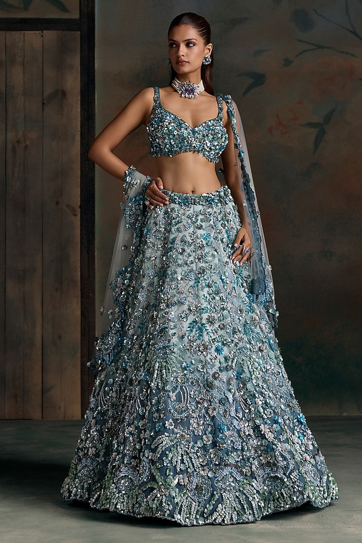 Peacock Blue Net Embellished Bridal Bridal Lehenga Set by OPUS ATELIER at Pernia's Pop Up Shop