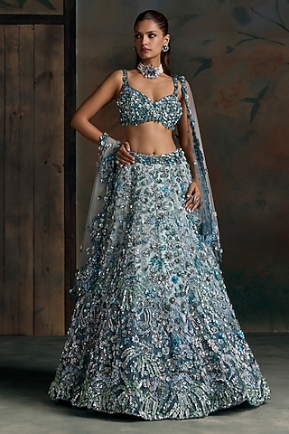 Peacock Blue Net Embellished Bridal Lehenga Set by OPUS ATELIER