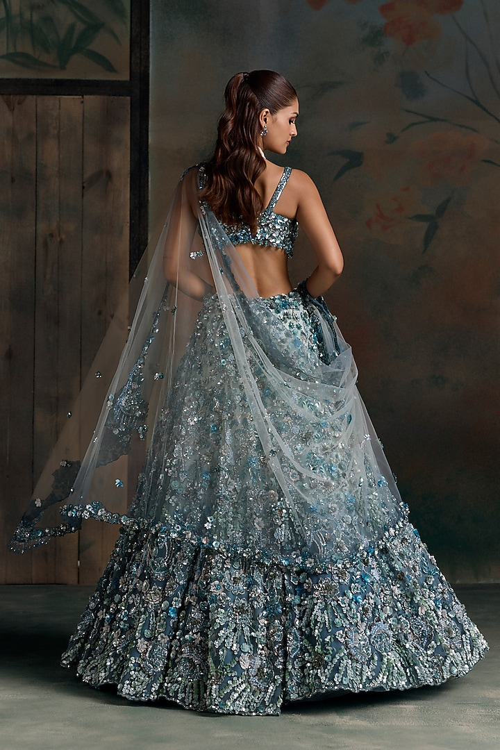 Peacock Blue Net Embellished Bridal Bridal Lehenga Set by OPUS ATELIER at Pernia's Pop Up Shop
