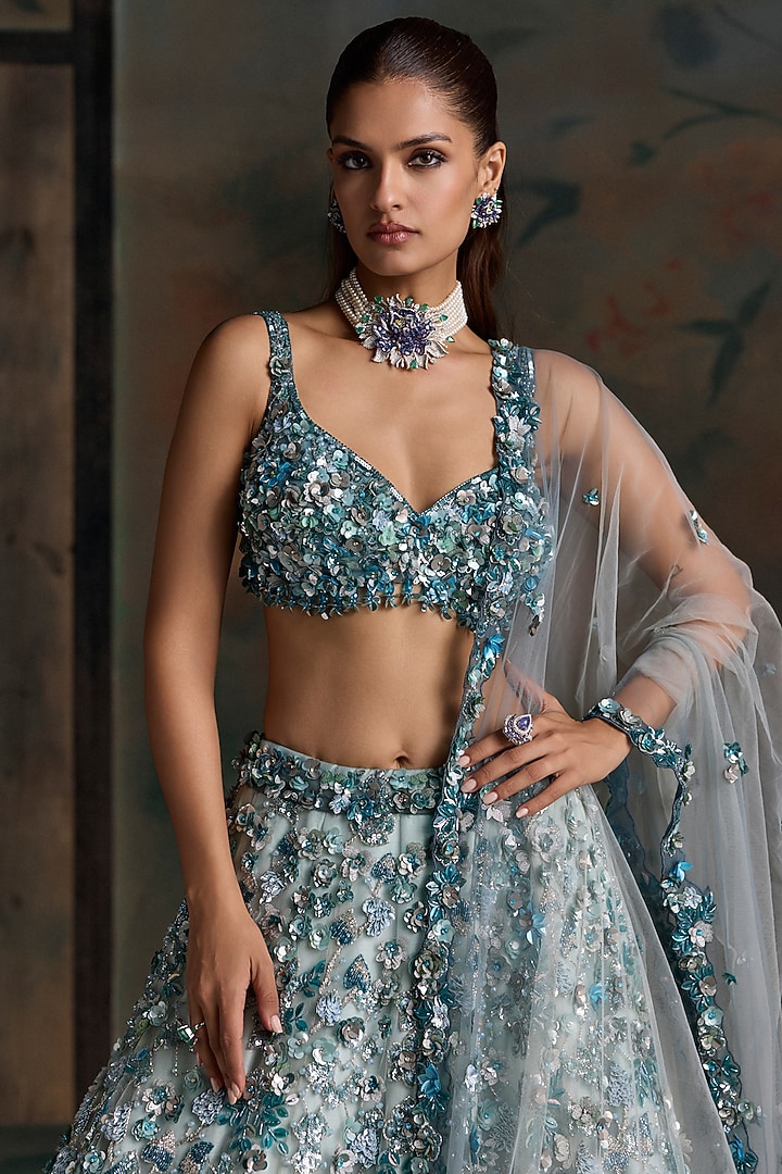 Peacock Blue Net Embellished Bridal Bridal Lehenga Set by OPUS ATELIER at Pernia's Pop Up Shop