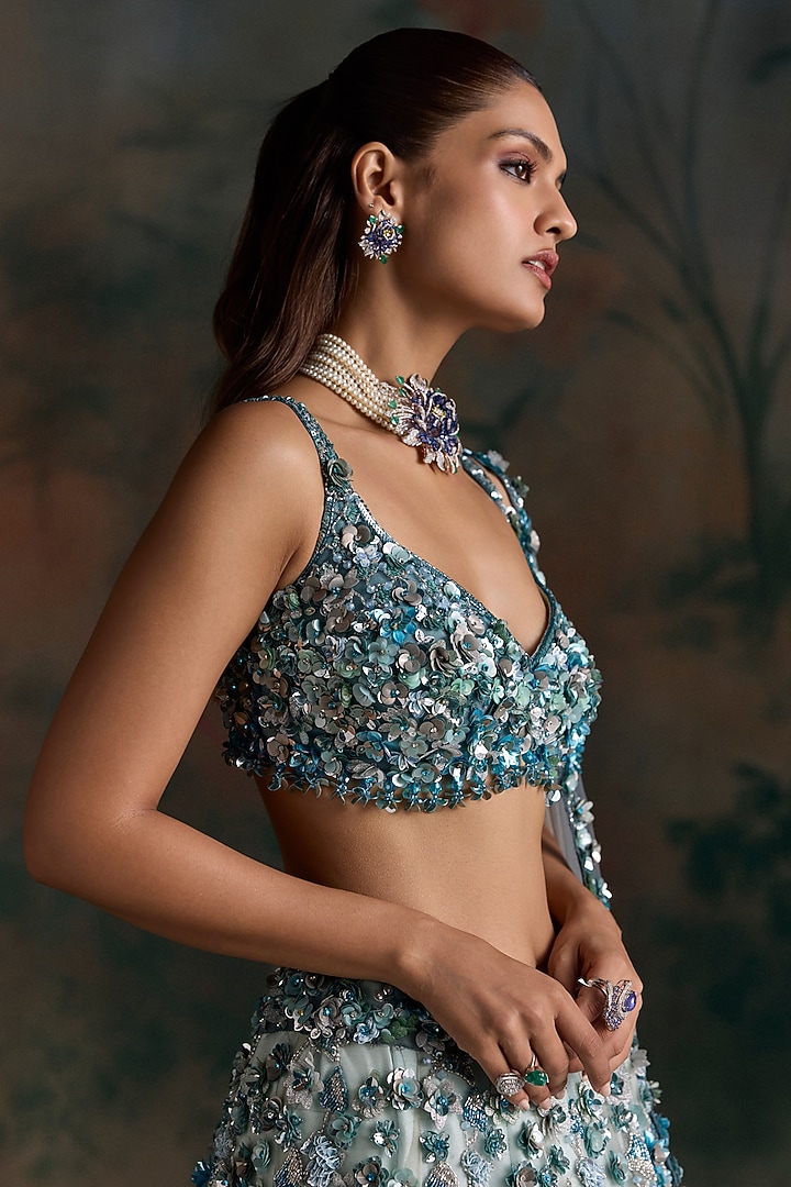 Peacock Blue Net Embellished Bridal Bridal Lehenga Set by OPUS ATELIER at Pernia's Pop Up Shop