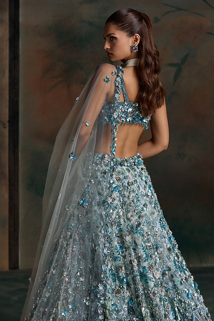 Peacock Blue Net Embellished Bridal Bridal Lehenga Set by OPUS ATELIER at Pernia's Pop Up Shop