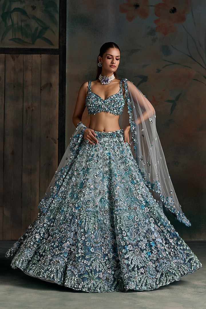 Peacock Blue Net Embellished Bridal Bridal Lehenga Set by OPUS ATELIER at Pernia's Pop Up Shop