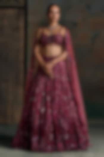 Wine Ombre Net Embellished Bridal Bridal Lehenga Set by OPUS ATELIER at Pernia's Pop Up Shop