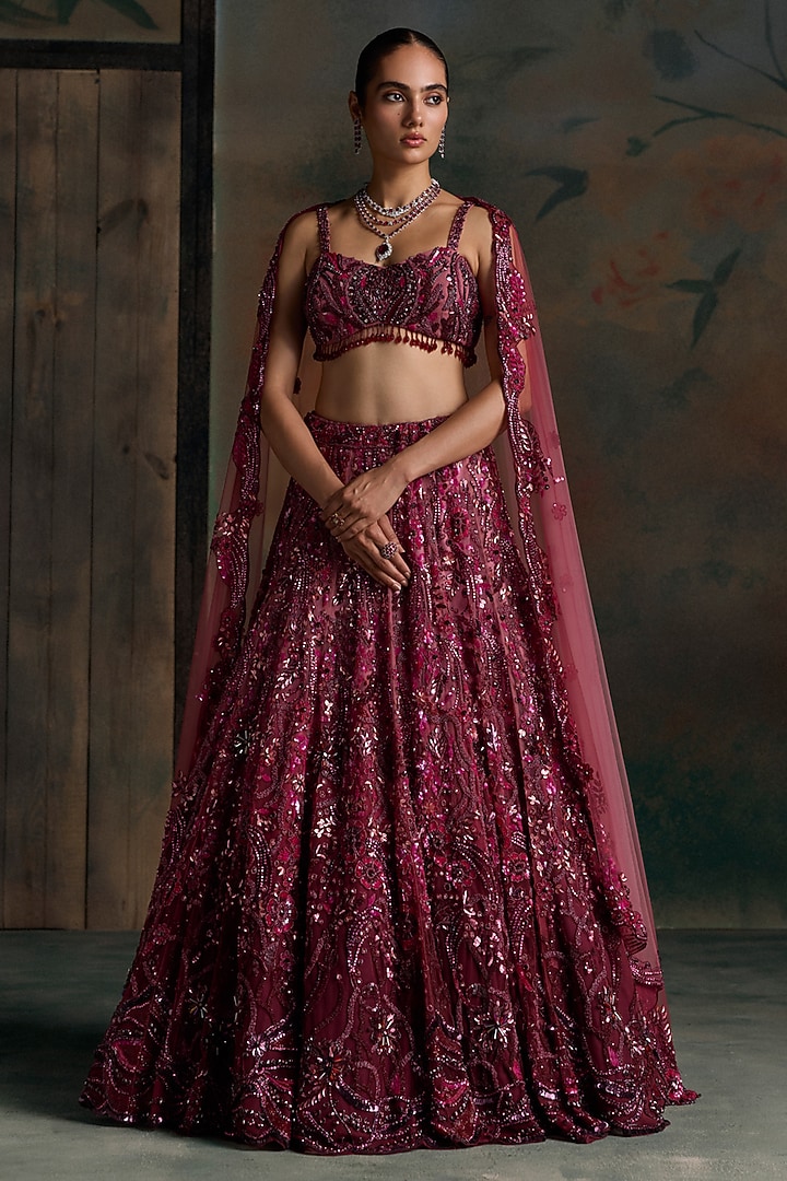 Wine Ombre Net Embellished Bridal Bridal Lehenga Set by OPUS ATELIER at Pernia's Pop Up Shop