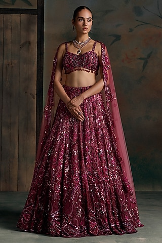Wine Ombre Net Embellished Bridal Lehenga Set by OPUS ATELIER