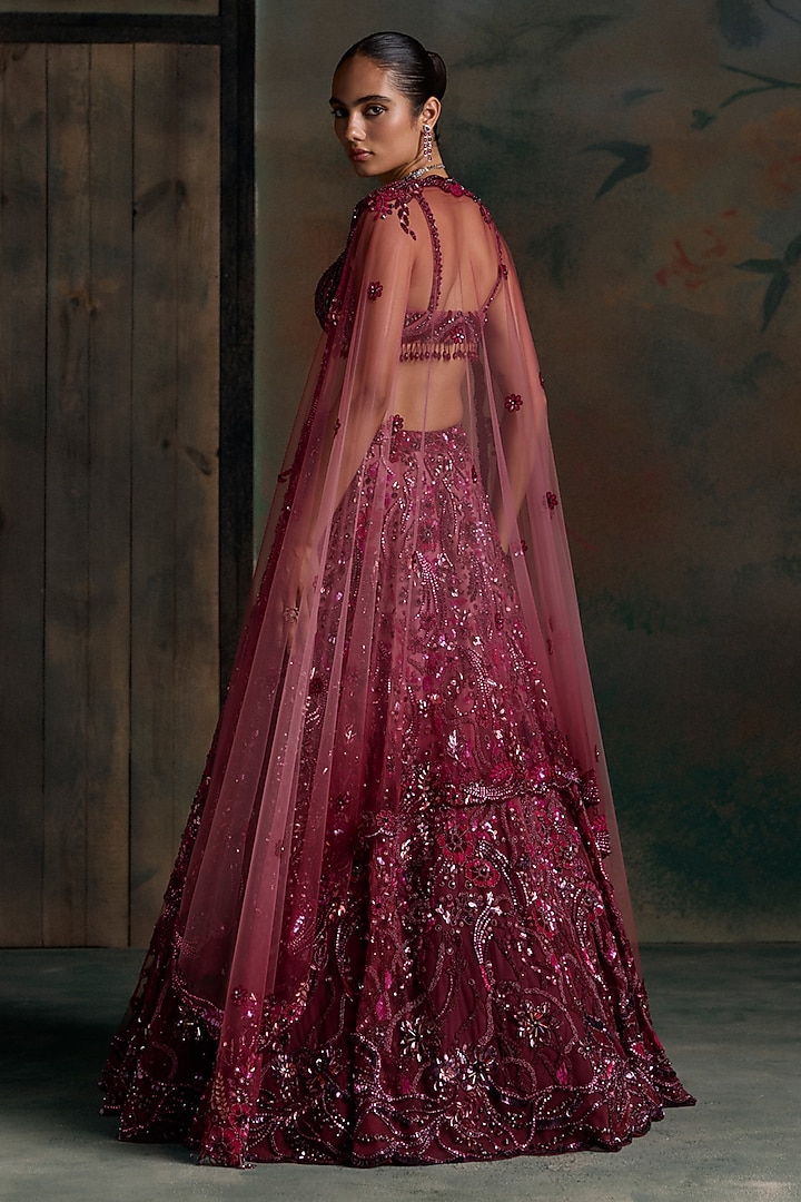 Wine Ombre Net Embellished Bridal Bridal Lehenga Set by OPUS ATELIER at Pernia's Pop Up Shop