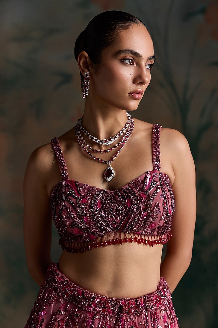 Wine Ombre Net Embellished Bridal Bridal Lehenga Set by OPUS ATELIER at Pernia's Pop Up Shop