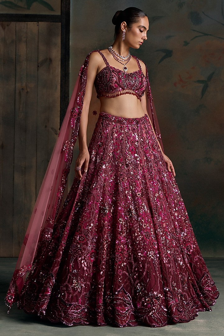 Wine Ombre Net Embellished Bridal Bridal Lehenga Set by OPUS ATELIER at Pernia's Pop Up Shop
