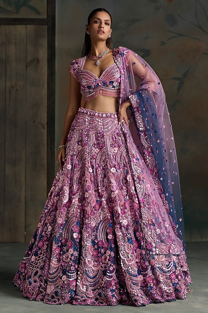 Pink & Navy Net Motif Hand Embellished Bridal Bridal Lehenga Set by OPUS ATELIER at Pernia's Pop Up Shop