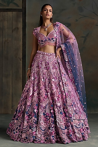 Pink & Navy Net Motif Hand Embellished Bridal Lehenga Set by OPUS ATELIER