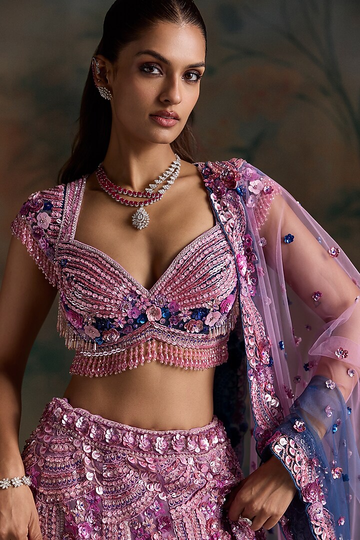Pink & Navy Net Motif Hand Embellished Bridal Bridal Lehenga Set by OPUS ATELIER at Pernia's Pop Up Shop