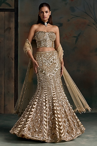 Gold Net Embroidered Fish-Cut Bridal Lehenga Set by OPUS ATELIER