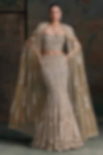 Gold Lycra & Net Embroidered Fish-Cut Bridal Jacket Bridal Lehenga Set by OPUS ATELIER at Pernia's Pop Up Shop