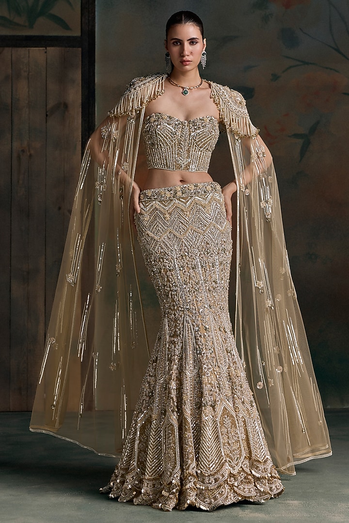 Gold Lycra & Net Embroidered Fish-Cut Bridal Jacket Bridal Lehenga Set by OPUS ATELIER at Pernia's Pop Up Shop