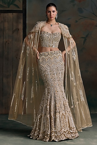 Gold Lycra & Net Embroidered Fish-Cut Bridal Jacket Lehenga Set by OPUS ATELIER