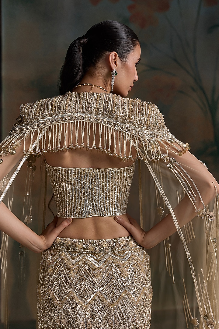 Gold Lycra & Net Embroidered Fish-Cut Bridal Jacket Bridal Lehenga Set by OPUS ATELIER at Pernia's Pop Up Shop