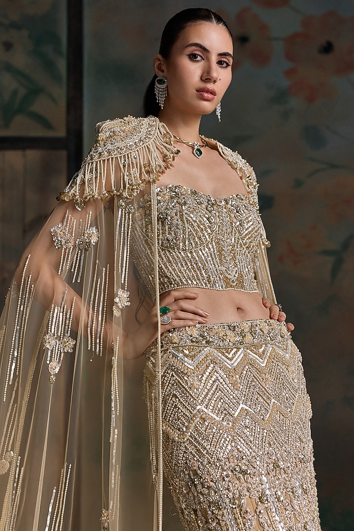 Gold Lycra & Net Embroidered Fish-Cut Bridal Jacket Bridal Lehenga Set by OPUS ATELIER at Pernia's Pop Up Shop