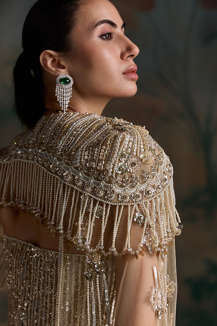 Gold Lycra & Net Embroidered Fish-Cut Bridal Jacket Bridal Lehenga Set by OPUS ATELIER at Pernia's Pop Up Shop