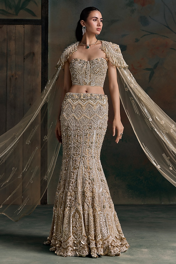 Gold Lycra & Net Embroidered Fish-Cut Bridal Jacket Bridal Lehenga Set by OPUS ATELIER at Pernia's Pop Up Shop