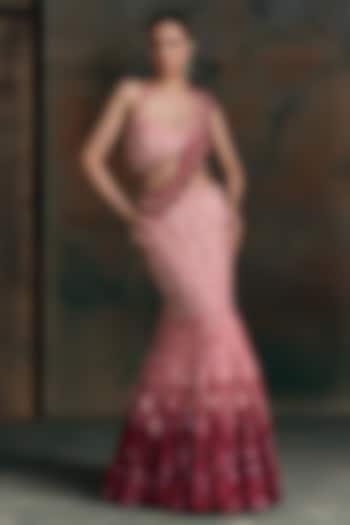 Red & Pink Ombre Net Sequin Embellished Fish-Cut Bridal Bridal Lehenga Set by OPUS ATELIER at Pernia's Pop Up Shop