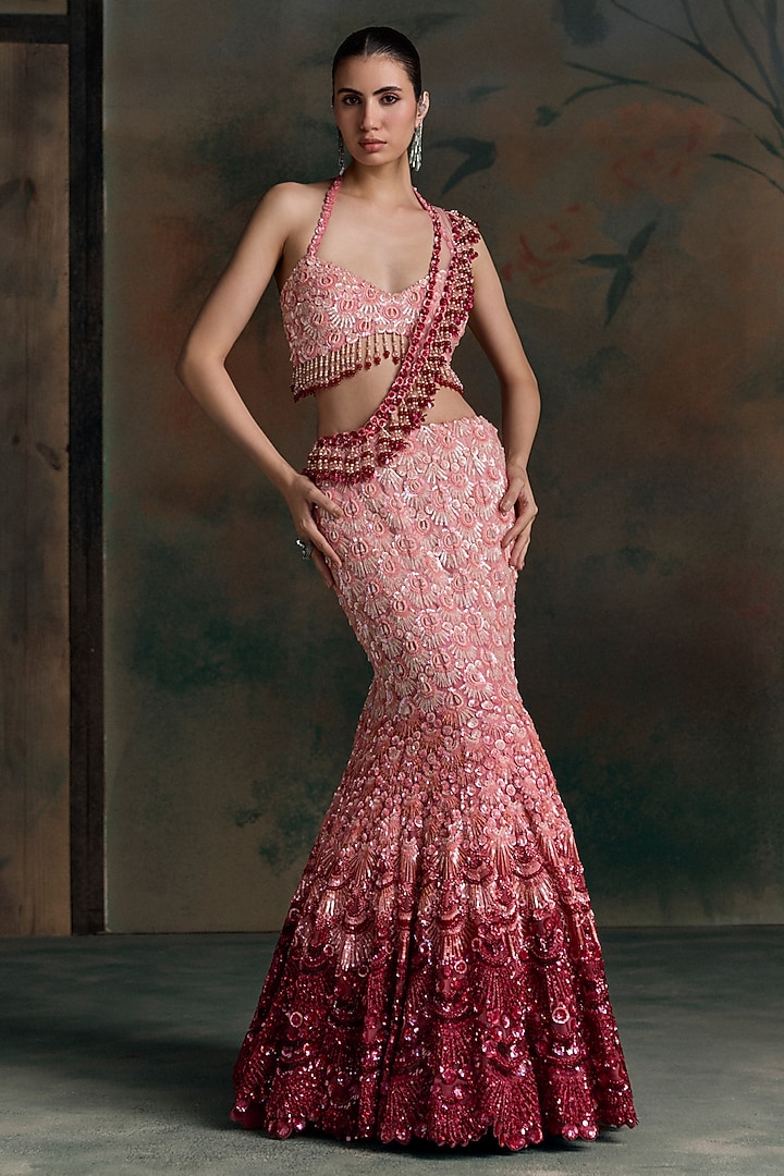 Red & Pink Ombre Net Sequin Embellished Fish-Cut Bridal Bridal Lehenga Set by OPUS ATELIER at Pernia's Pop Up Shop
