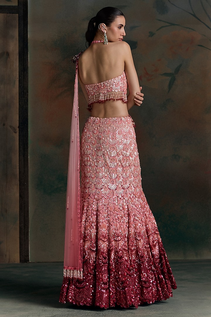 Red & Pink Ombre Net Sequin Embellished Fish-Cut Bridal Bridal Lehenga Set by OPUS ATELIER at Pernia's Pop Up Shop