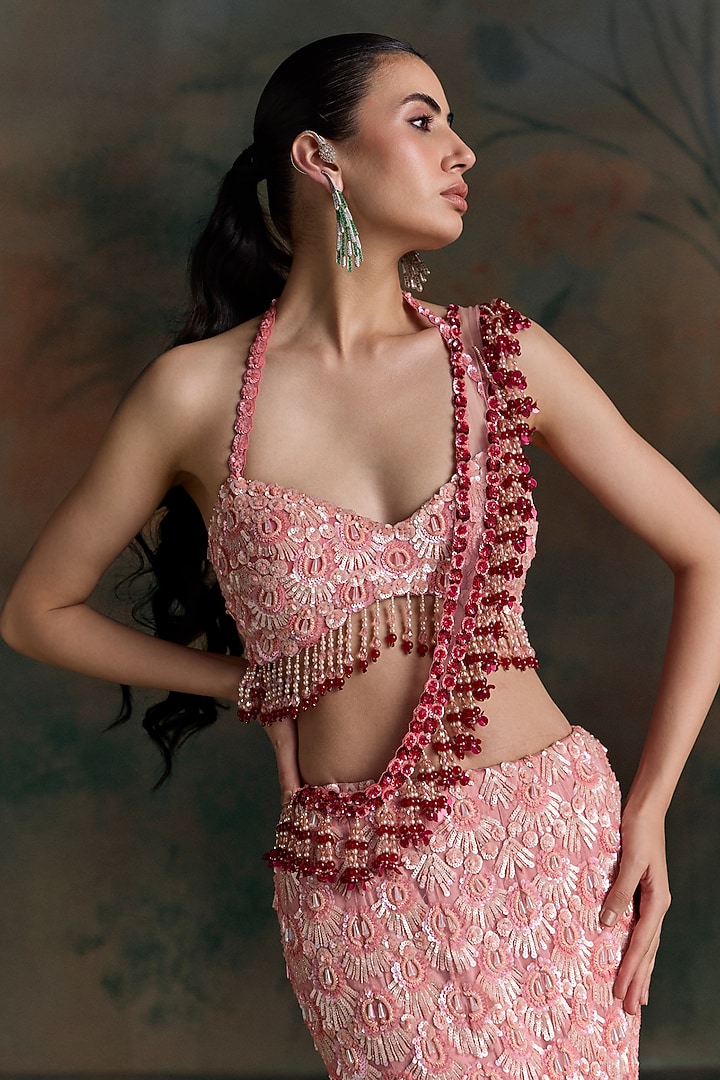 Red & Pink Ombre Net Sequin Embellished Fish-Cut Bridal Bridal Lehenga Set by OPUS ATELIER at Pernia's Pop Up Shop
