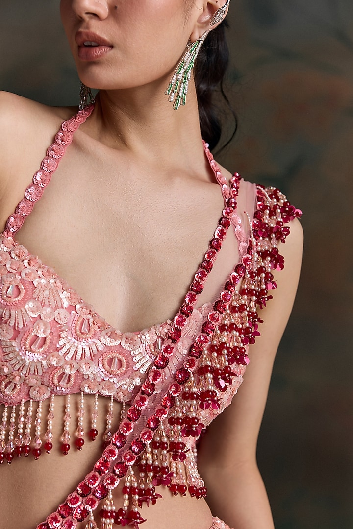 Red & Pink Ombre Net Sequin Embellished Fish-Cut Bridal Bridal Lehenga Set by OPUS ATELIER at Pernia's Pop Up Shop