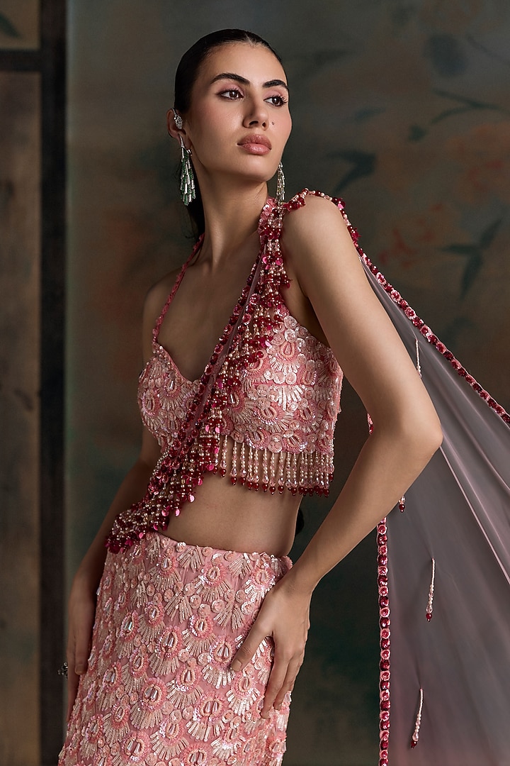 Red & Pink Ombre Net Sequin Embellished Fish-Cut Bridal Bridal Lehenga Set by OPUS ATELIER at Pernia's Pop Up Shop