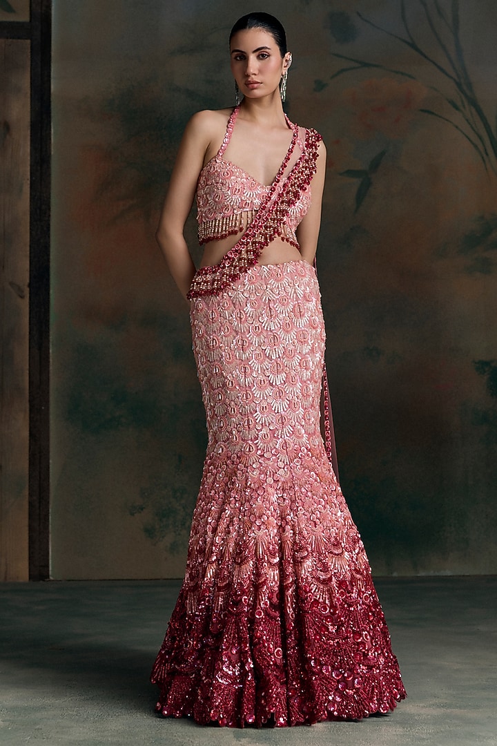 Red & Pink Ombre Net Sequin Embellished Fish-Cut Bridal Bridal Lehenga Set by OPUS ATELIER at Pernia's Pop Up Shop