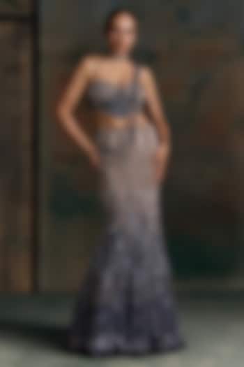 Midnight Blue & Ombre Net Sequin Embellished Fish-Cut Bridal Bridal Lehenga Set by OPUS ATELIER at Pernia's Pop Up Shop